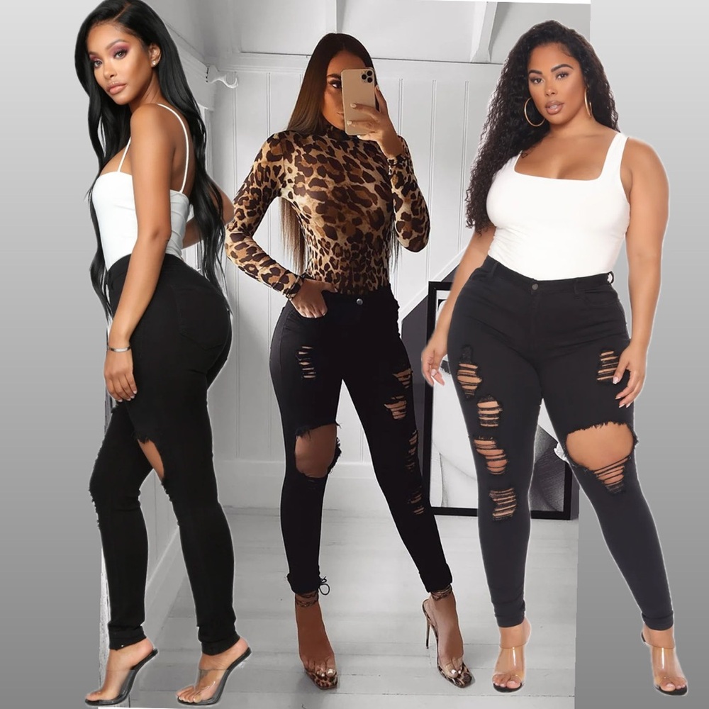 Fashion Nova Women’s High Rise Ripped Distressed Black Glistening Jeans
